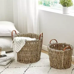 Woven Seagrass and Rattan Baskets, Set of 2