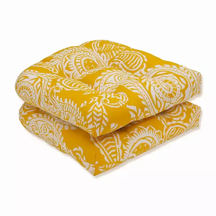 Yellow Paisley Outdoor Seat Cushions, Set of 2