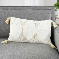 Yellow Stripe Diamond Tassels Cotton Lumbar Pillow