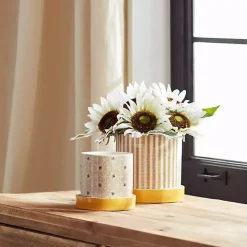 Yellow Striped and Bee Decorative Pots, Set of 2